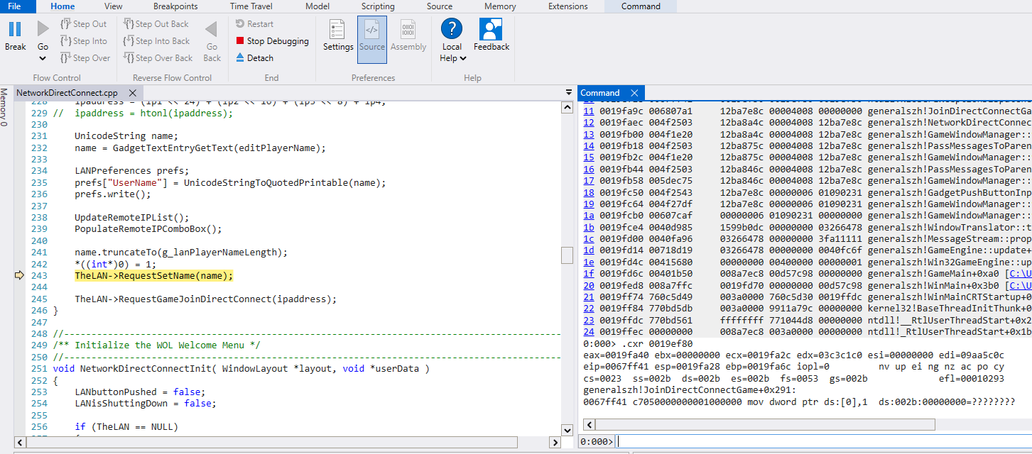WinDbg source view