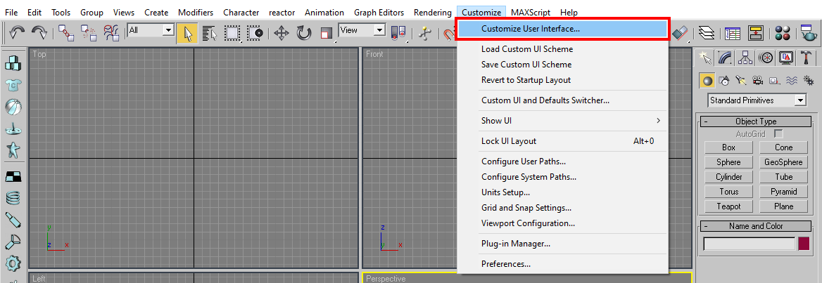 The Customize User Interface menu in 3ds Max